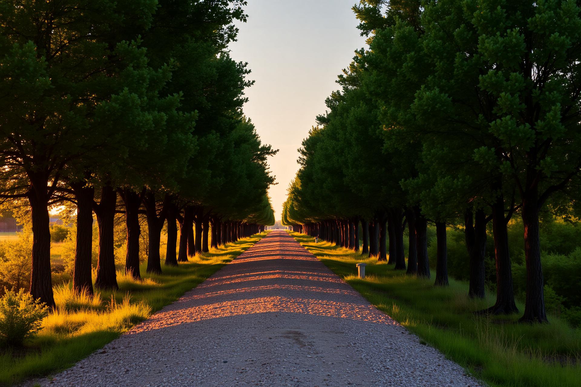 Tree-lined rail trail at golden hour